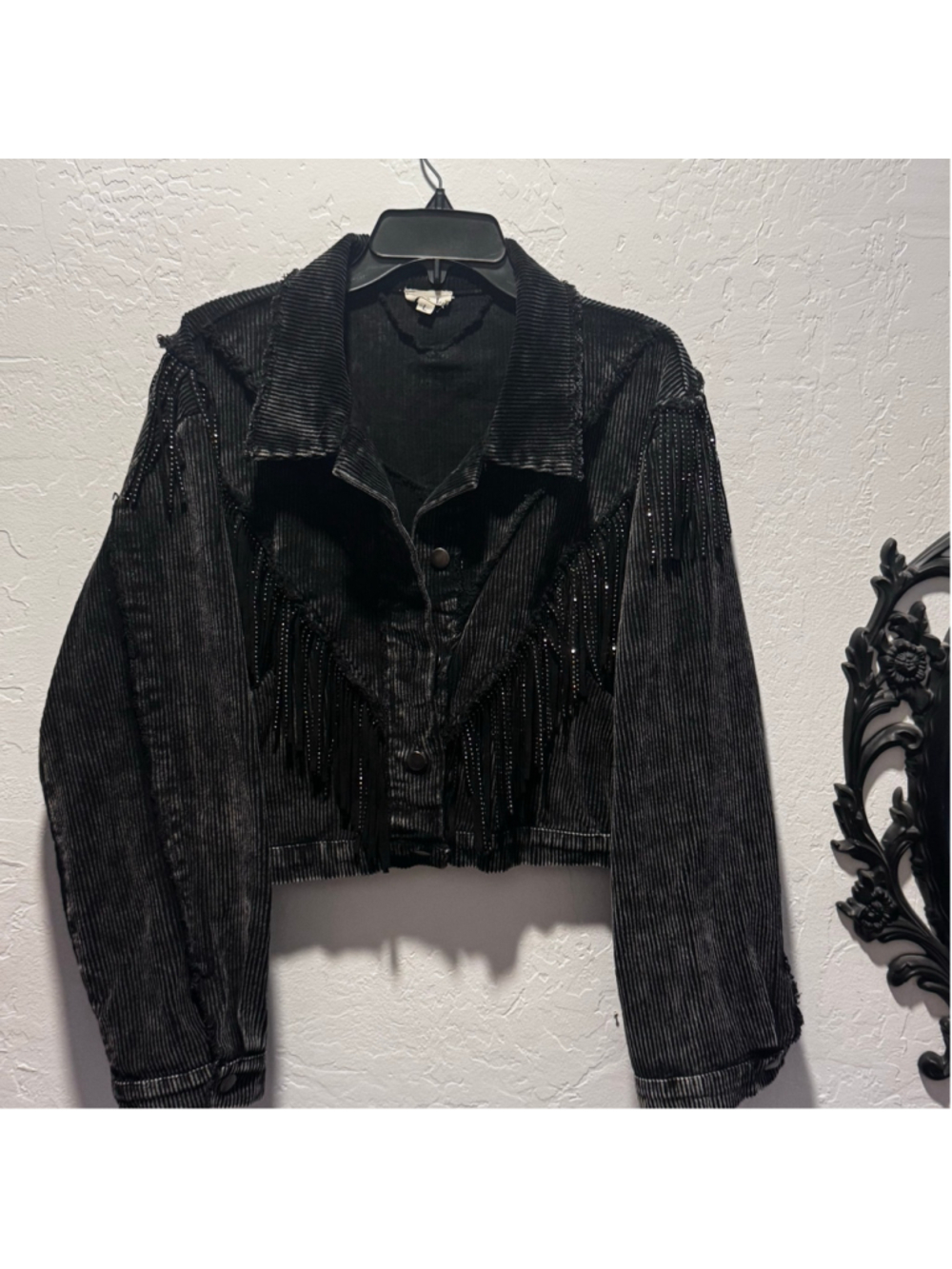 POL Black Corduroy Fringe Jacket Women's Size L